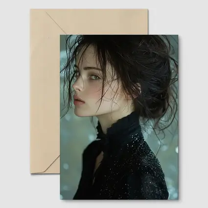 Dark Haired Woman Black Glitter Bokeh Background