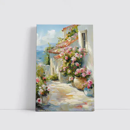 Mediterranean Cottage Pink Roses Oil Painting
