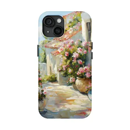 Mediterranean Cottage Pink Roses Oil Painting