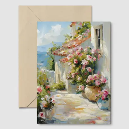 Mediterranean Cottage Pink Roses Oil Painting