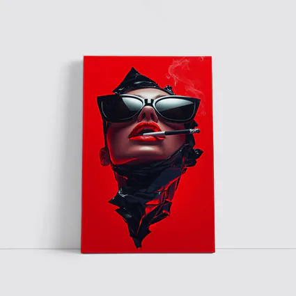 Woman Sunglasses Smoking Red Background Pop Art