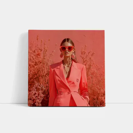 Fashion Woman Coral Suit Floral Background