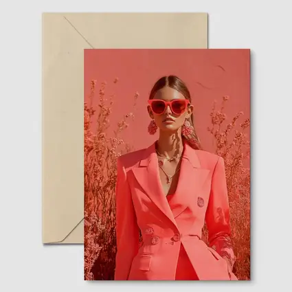 Fashion Woman Coral Suit Floral Background
