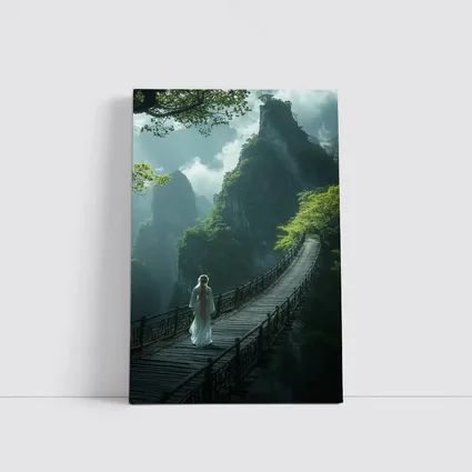 Woman in White Dress on Mountain Bridge