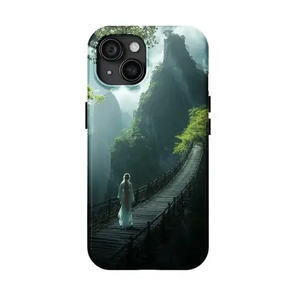 Woman in White Dress on Mountain Bridge