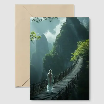 Woman in White Dress on Mountain Bridge