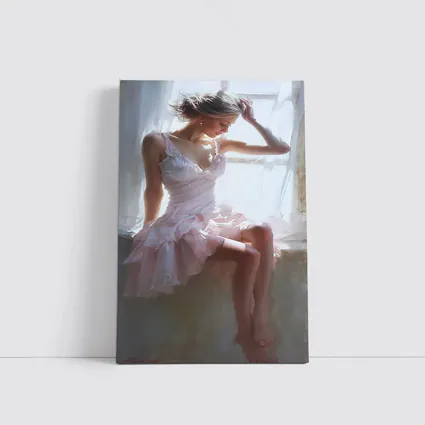 Young Woman Pink Dress Window Light Painting