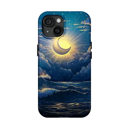 Crescent Moon Glowing Over Stormy Ocean