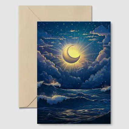 Crescent Moon Glowing Over Stormy Ocean