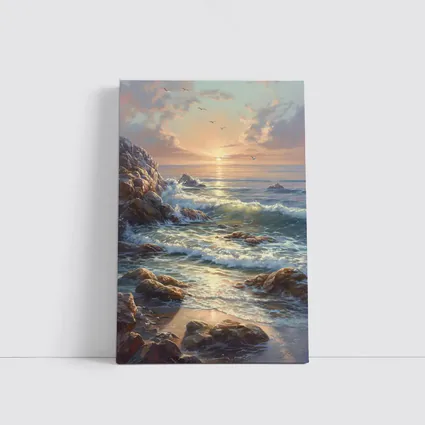 Ocean Sunrise Waves Rocky Coastal Painting