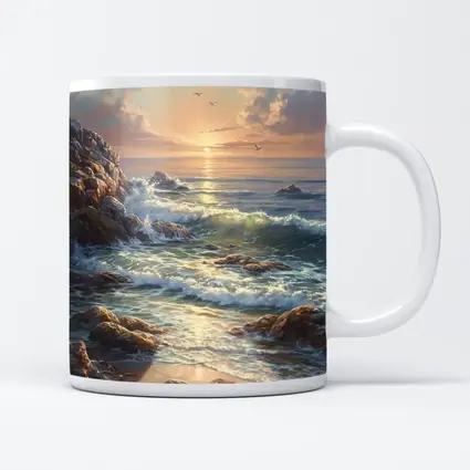 Ocean Sunrise Waves Rocky Coastal Painting