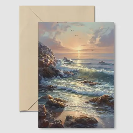 Ocean Sunrise Waves Rocky Coastal Painting