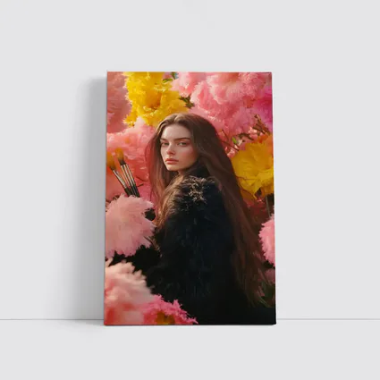 Woman With Paintbrushes Among Pink Flowers