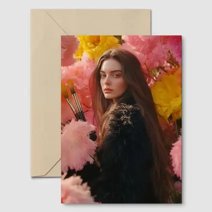 Woman With Paintbrushes Among Pink Flowers