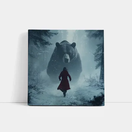 Woman Running From Giant Bear Winter Forest