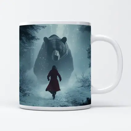 Woman Running From Giant Bear Winter Forest