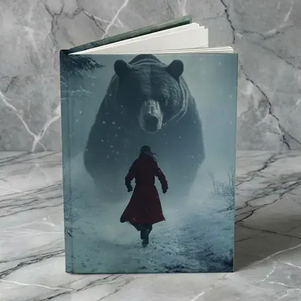 Woman Running From Giant Bear Winter Forest
