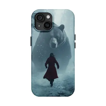 Woman Running From Giant Bear Winter Forest