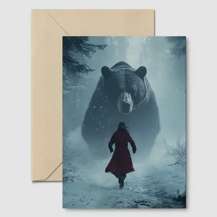Woman Running From Giant Bear Winter Forest