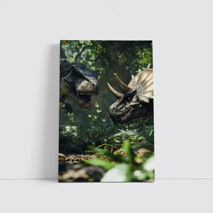 T-Rex and Triceratops Face Off Forest