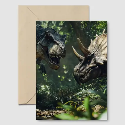 T-Rex and Triceratops Face Off Forest