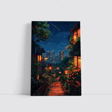 Pixel Art City Night Stairway Scene