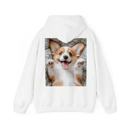Happy Corgi Puppy Lying On Gray Blanket
