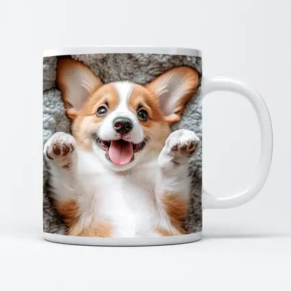 Happy Corgi Puppy Lying On Gray Blanket