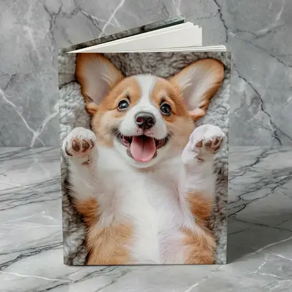 Happy Corgi Puppy Lying On Gray Blanket