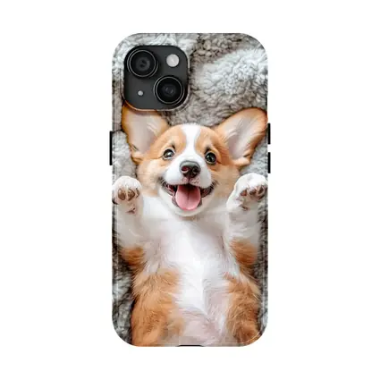 Happy Corgi Puppy Lying On Gray Blanket