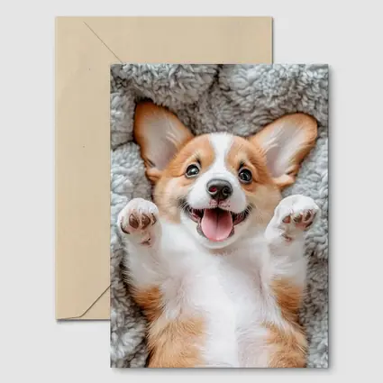 Happy Corgi Puppy Lying On Gray Blanket