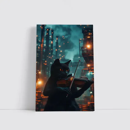 Black Cat Playing Violin Industrial Night Scene