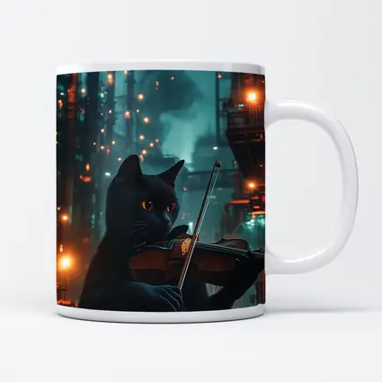 Black Cat Playing Violin Industrial Night Scene