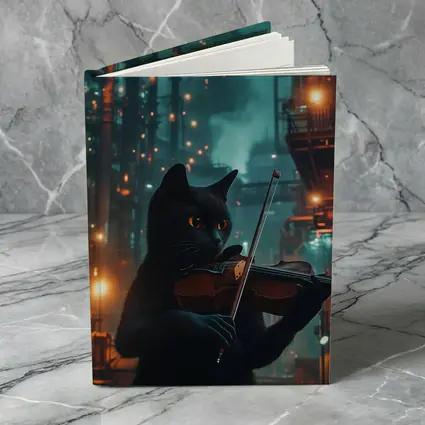Black Cat Playing Violin Industrial Night Scene
