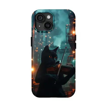 Black Cat Playing Violin Industrial Night Scene