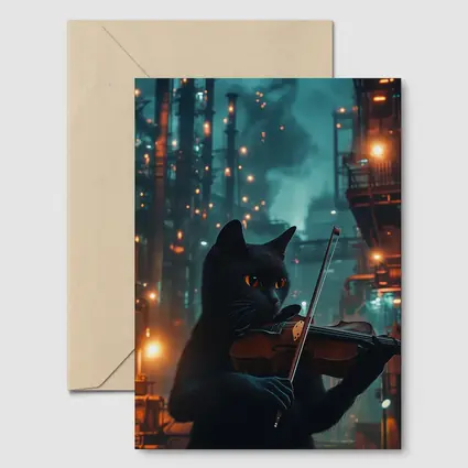 Black Cat Playing Violin Industrial Night Scene