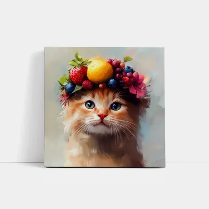 Fluffy Kitten Wearing Colorful Fruit Crown