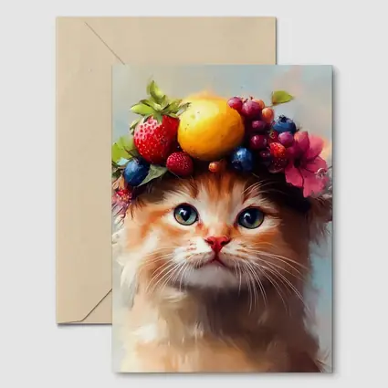 Fluffy Kitten Wearing Colorful Fruit Crown