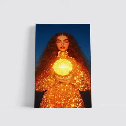 Woman Holding Glowing Golden Orb Night