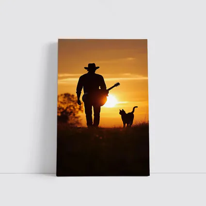 Cowboy Silhouette Guitar Cat Sunset Field