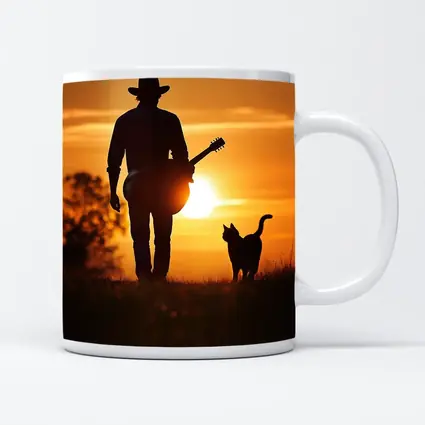 Cowboy Silhouette Guitar Cat Sunset Field