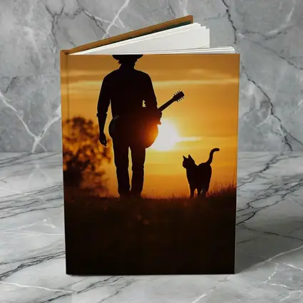Cowboy Silhouette Guitar Cat Sunset Field
