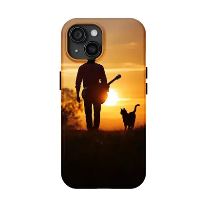 Cowboy Silhouette Guitar Cat Sunset Field