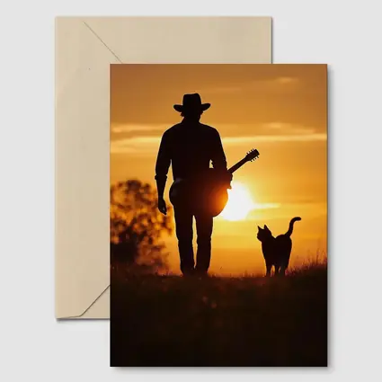 Cowboy Silhouette Guitar Cat Sunset Field