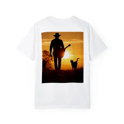 Cowboy Silhouette Guitar Cat Sunset Field