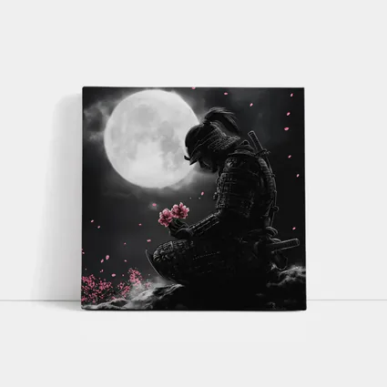 Samurai Kneeling Moon Cherry Blossom Night
