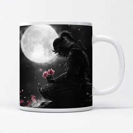 Samurai Kneeling Moon Cherry Blossom Night