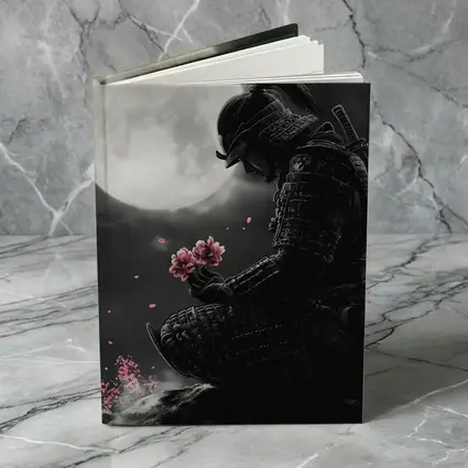 Samurai Kneeling Moon Cherry Blossom Night
