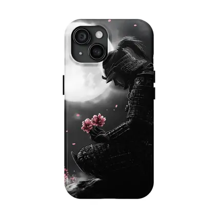 Samurai Kneeling Moon Cherry Blossom Night