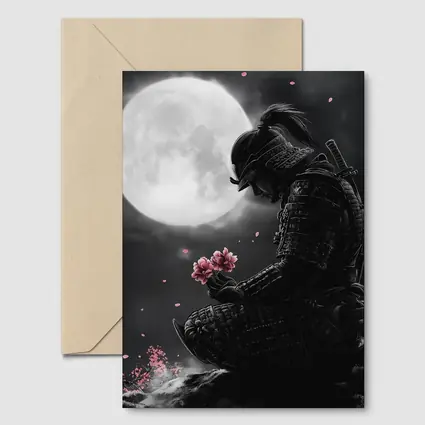 Samurai Kneeling Moon Cherry Blossom Night